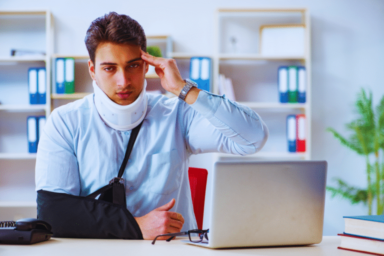 A man wearing a neck brace and arm sling sits at a desk with a laptop, looking serious—perhaps considering como acumular auxílio-acidente. Office shelves and folders appear in the background.