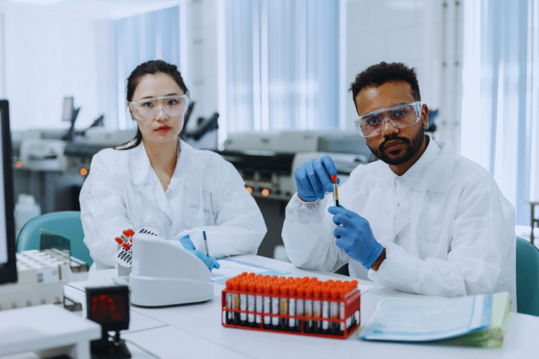 Two scientists in lab coats, gloves, and safety goggles work in a laboratory. One discusses aposentadoria especial e continuar trabalhando while holding a blood sample vial; the other sits by racks of test tubes and equipment on a white counter.