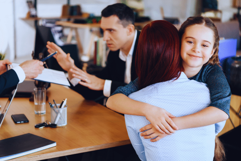 A smiling young girl hugs a woman at a desk, while two men in suits have a serious discussion in the background—one holding paperwork and a pen, as the guarda observes. The atmosphere suggests a meeting or legal discussion.