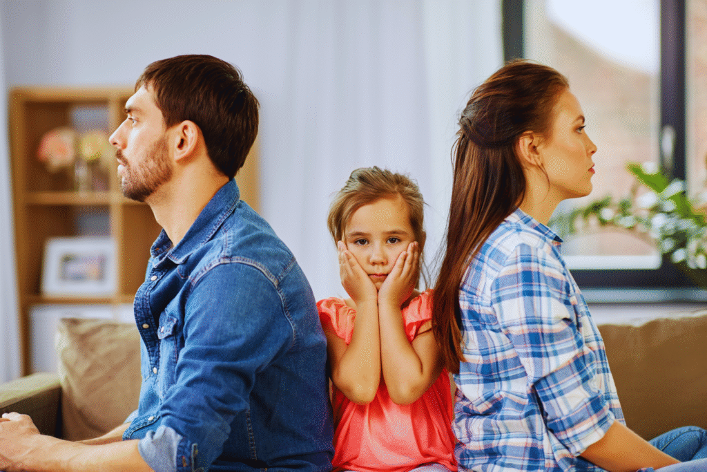 A young girl sits between two adults on a couch, holding her face with her hands and looking concerned, while the adults, facing away from each other, display signs of distress during a dissolução da união estável.