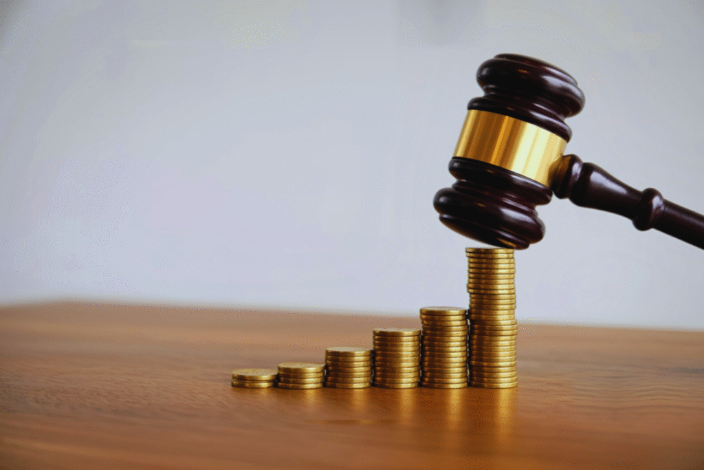 O martelo de um juiz prestes a bater na pilha mais alta de moedas de ouro dispostas em ordem crescente em uma mesa de madeira, simbolizando decisões financeiras ou legais durante um período de incapacidade.