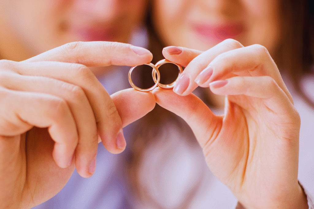 Um close-up de duas pessoas segurando alianças de ouro juntas, cada uma usando as duas mãos, com seus rostos suavemente desfocados ao fundo - evocando um momento romântico ou até mesmo um casamento por procuração.