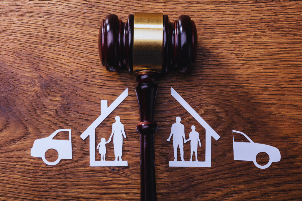 A judge’s gavel rests on a wooden surface above paper cutouts of a car, two houses with family inside, and another car, symbolizing division of assets in a separação or legal context.