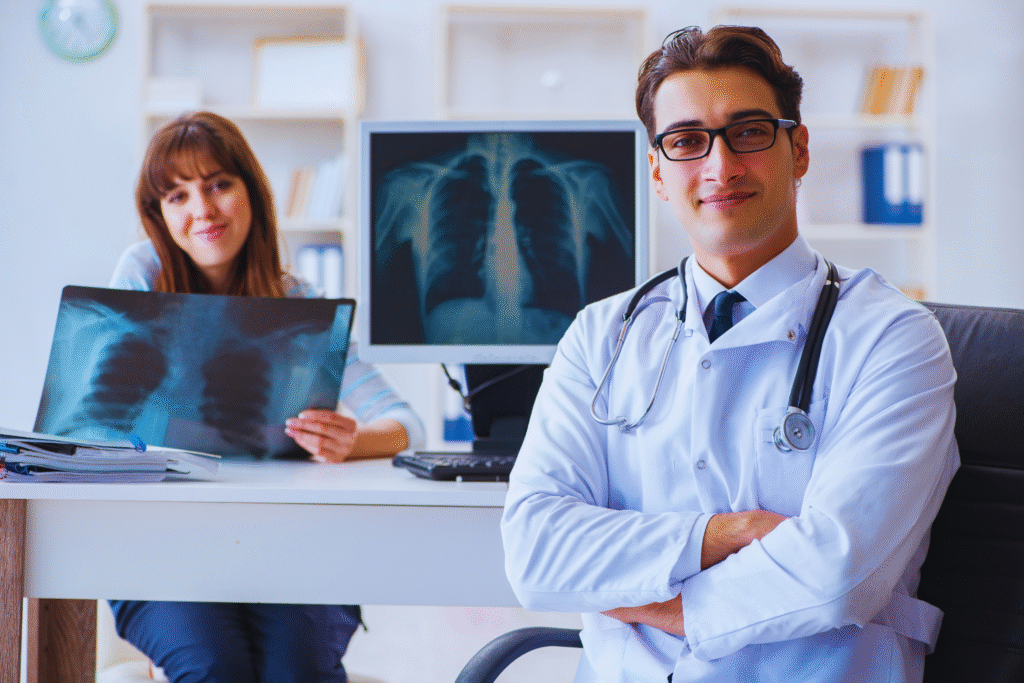 A doctor in a white coat and stethoscope sits with arms crossed, smiling at the camera. Behind him, a woman holds an X-ray image—ideal for those who need to Comprovar Atividade Especial in a professional medical office setting.