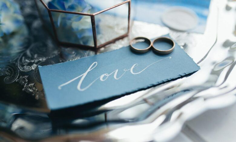 Wedding rings at wedding invitation with decorations