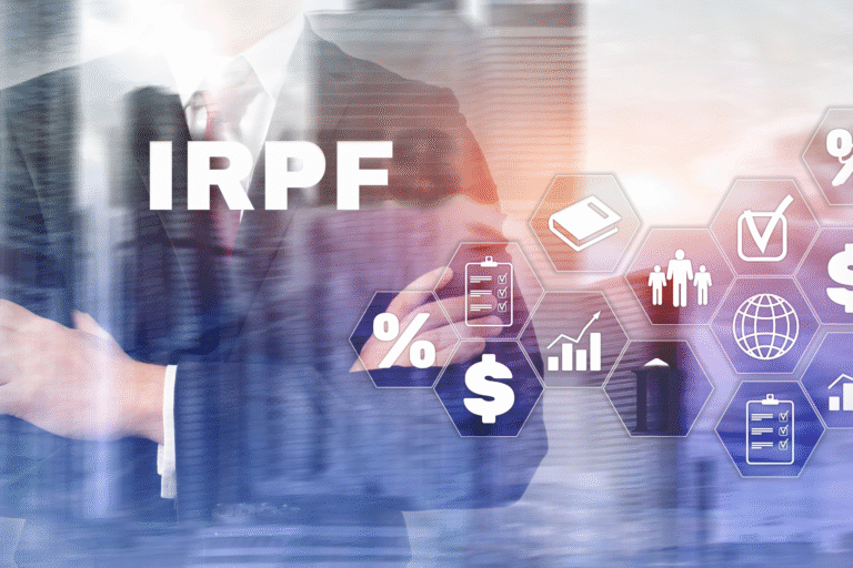 Businessperson in a suit with arms crossed stands next to the text IRPF and transparent hexagons displaying financial icons, highlighting benefits like isenção após a cura da doença grave alongside symbols for percentage, dollar sign, documents, and family.
