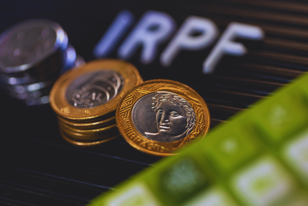 Close-up of Brazilian real coins stacked on a dark surface with the letters IRPF in the background and part of a green and white calculator keypad in the foreground, illustrating concepts like imposto de renda 2023 and restituição do imposto de renda.