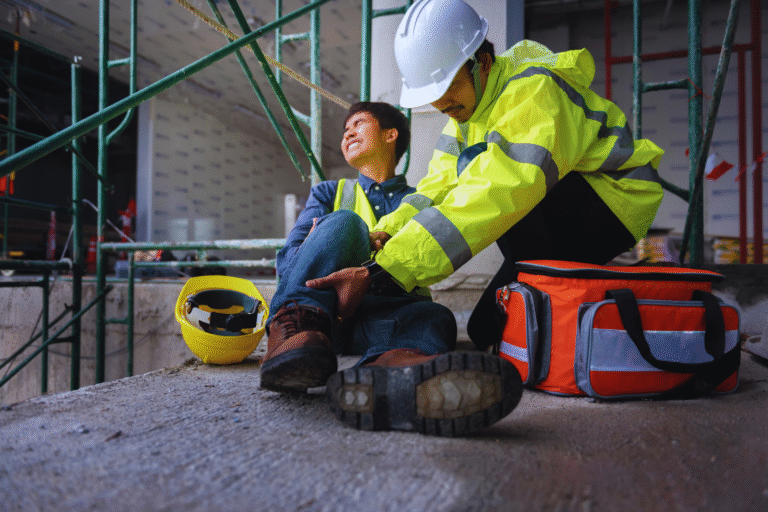 A construction worker in a safety jacket and helmet provides auxílio-acidente no acidente de trabalho to a colleague sitting on the ground in pain, holding his ankle. A first aid kit and hard hat rest nearby on the concrete floor at the construction site.