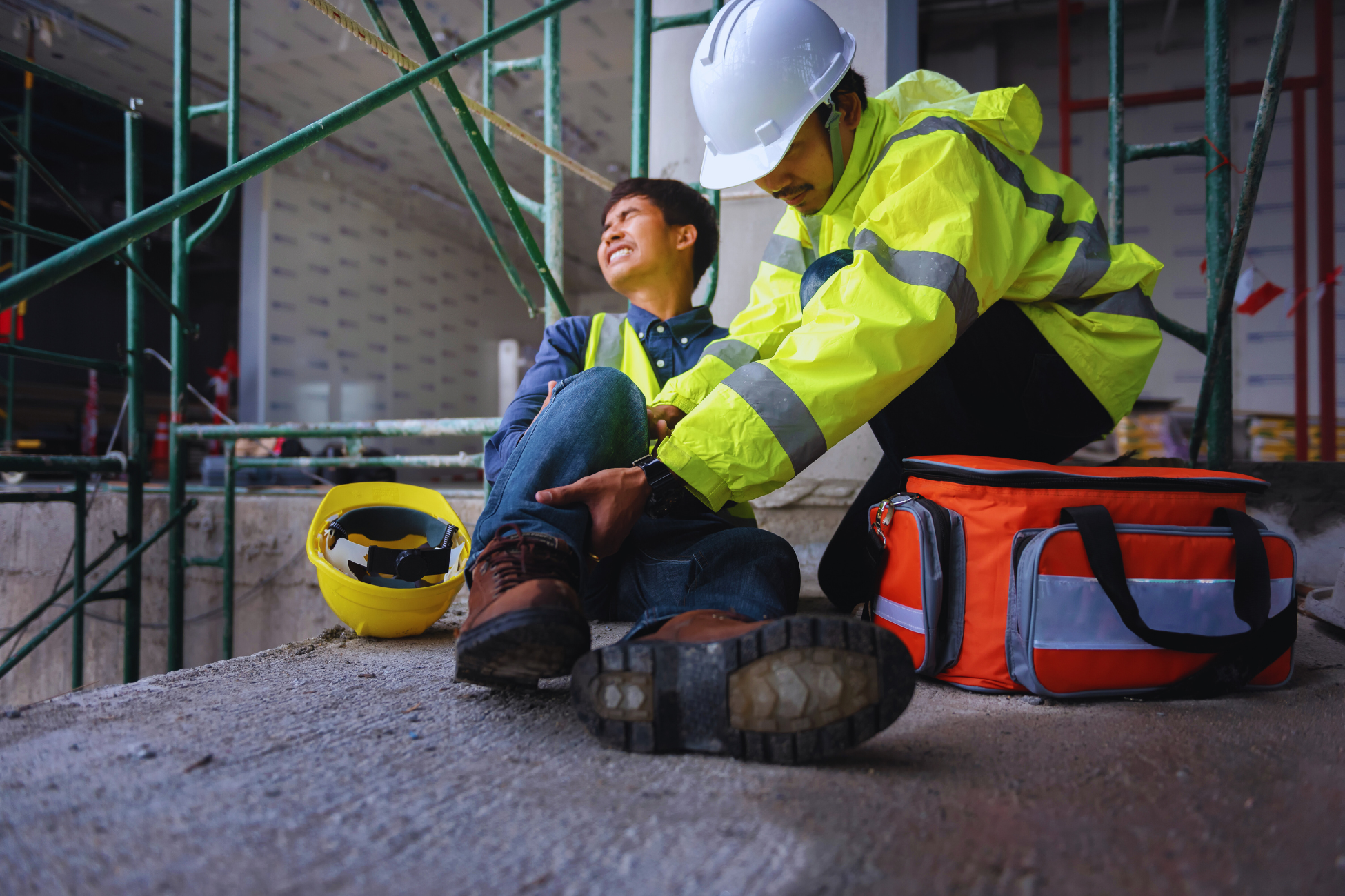 A construction worker in a safety jacket and helmet provides auxílio-acidente no acidente de trabalho to a colleague sitting on the ground in pain, holding his ankle. A first aid kit and hard hat rest nearby on the concrete floor at the construction site.