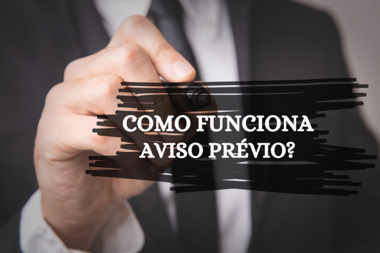 Uma pessoa de terno escreve em uma tela transparente enquanto a pergunta "Como funciona o aviso prévio?" aparece em letras brancas em negrito sobre um desenho de pincelada preta.