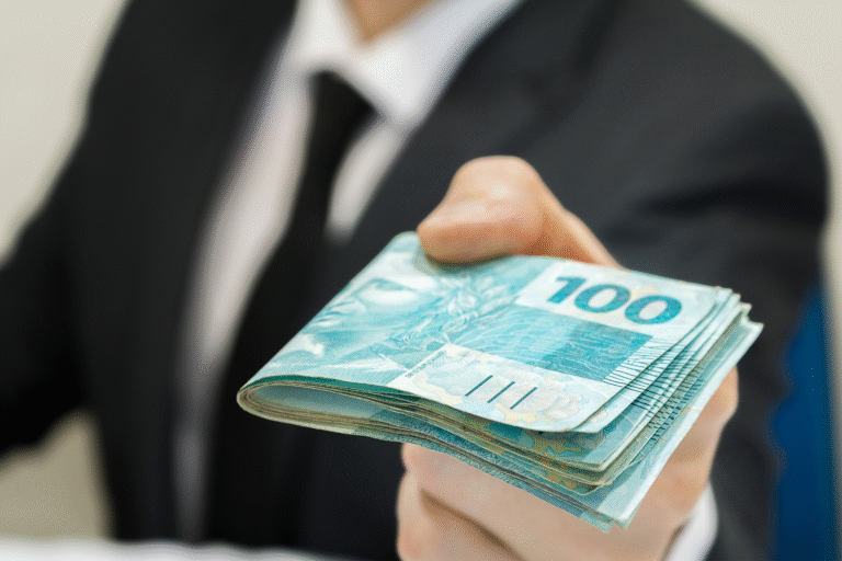 A person in a suit extends a stack of 100 Brazilian real banknotes toward the camera, suggesting an act of payment or the parcela do seguro desemprego devolvida.