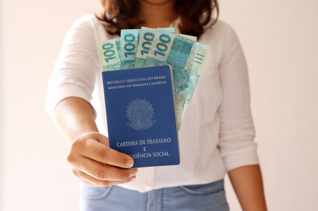 Uma mulher de camisa branca e calça jeans segura uma Carteira de Trabalho brasileira e três notas de 100 reais, destacando os documentos e o dinheiro - frequentemente vistos quando se discute quem tem direito ao seguro-desemprego.