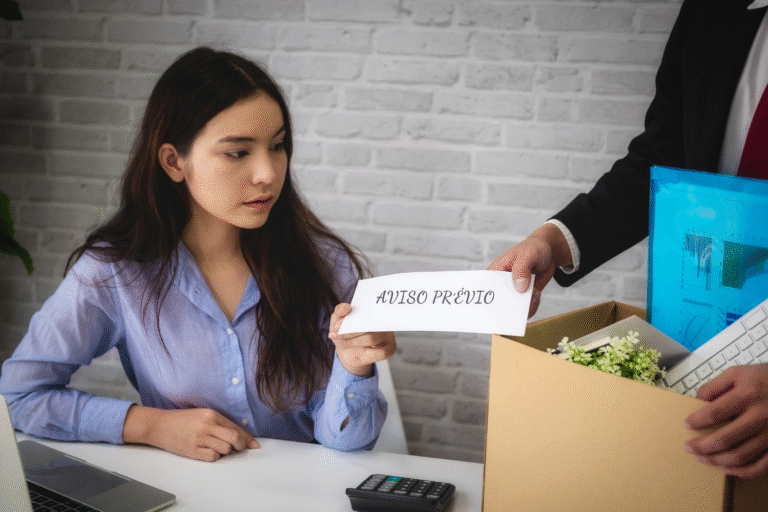 Uma mulher sentada em uma mesa olha para um papel com a etiqueta AVISO PRÉVIO PROPORCIONAL que lhe foi entregue por uma pessoa segurando uma caixa de pertences, sugerindo uma demissão e a aplicação dos direitos de aviso prévio proporcional.
