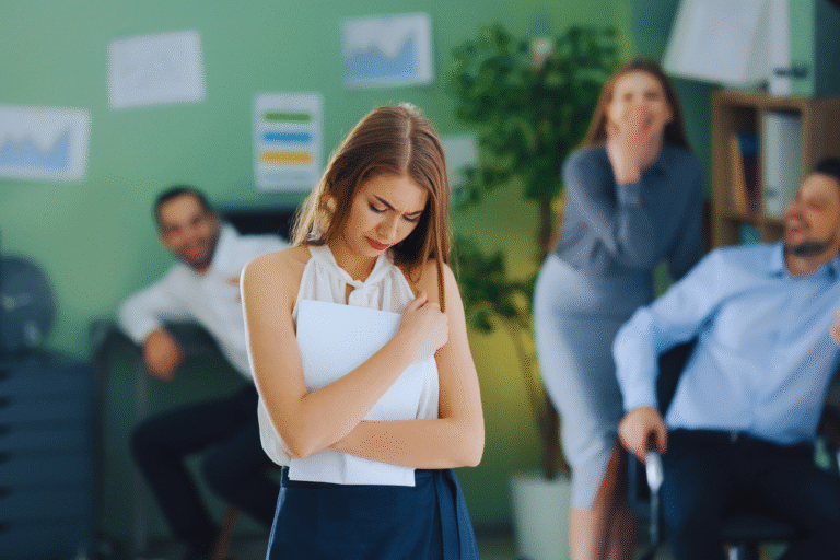A sad woman stands holding papers, looking down, while three colleagues in the background laugh and gesture toward her in an office setting, highlighting the challenge of assédio moral no trabalho como provar in everyday work life.