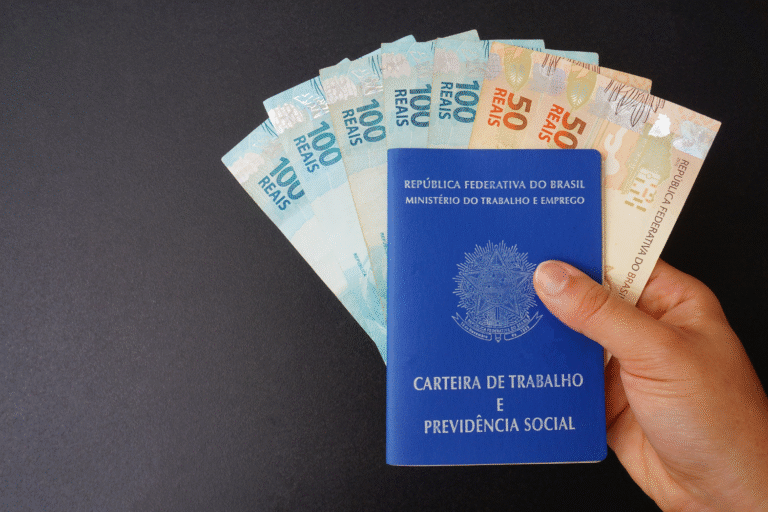 A hand holds Brazilian reais banknotes and a blue Brazilian work and social security card against a dark background, representing financial benefits like quem tem direito ao décimo terceiro.
