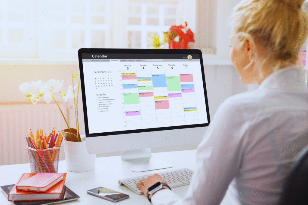 A woman sits at a desk using a computer with a digital calendar displayed on the monitor, showing a busy weekly schedule and tips on como fazer escala de trabalho. The workspace has flowers, notebooks, and sunlight coming through a window.