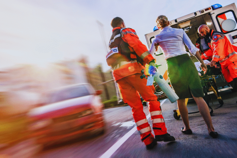 Emergency responders in orange uniforms assist a woman toward an ambulance after um acidente em serviço externo CAT, with a blurred red car and city backdrop, highlighting urgency and swift action.