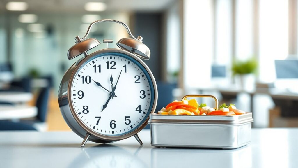 Relógio com lancheira, pausa no trabalho.